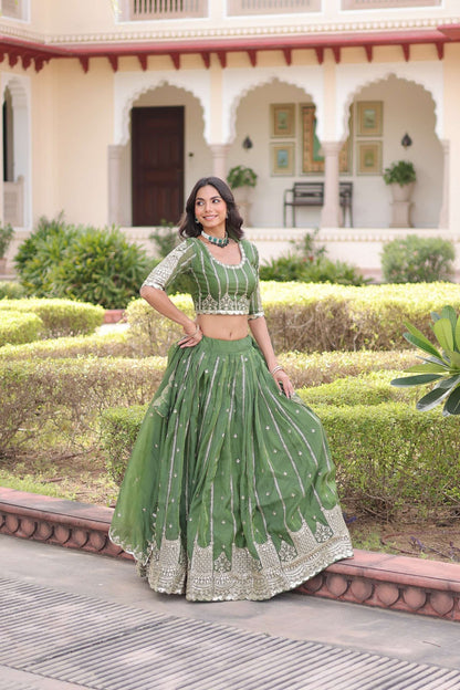 Trending Green Gold Crush Lehenga Choli With Sequins Work