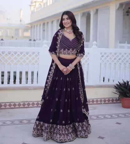 Gorgeous Dark Purple Faux Blooming Lehenga Choli With Sequins