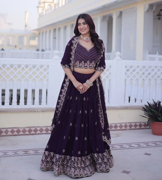 Gorgeous Dark Purple Faux Blooming Lehenga Choli With Sequins