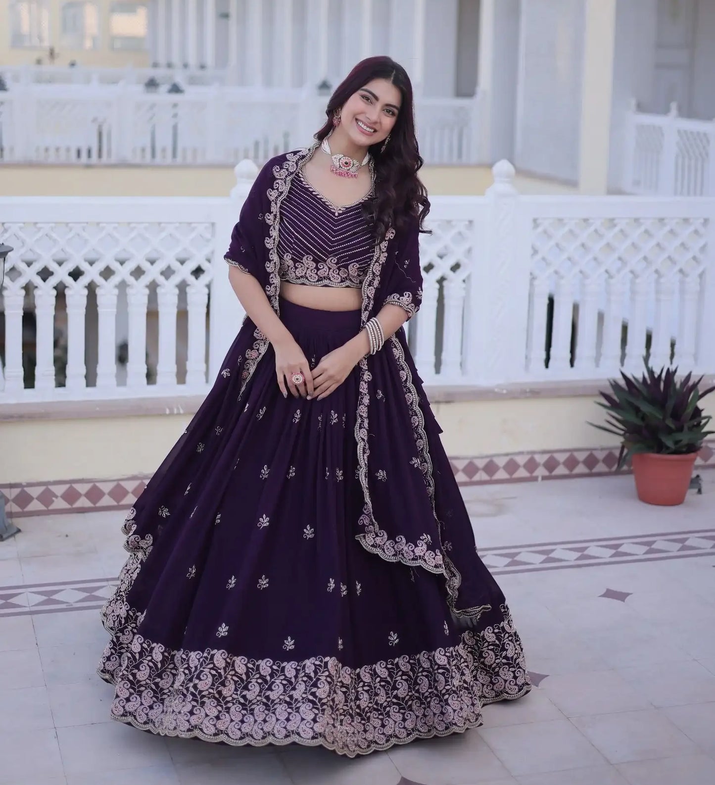 Gorgeous Dark Purple Faux Blooming Lehenga Choli With Sequins