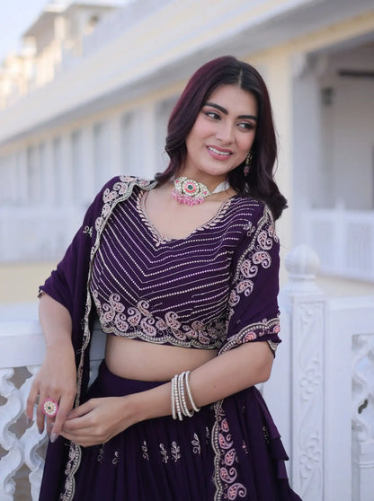 Gorgeous Dark Purple Faux Blooming Lehenga Choli With Sequins