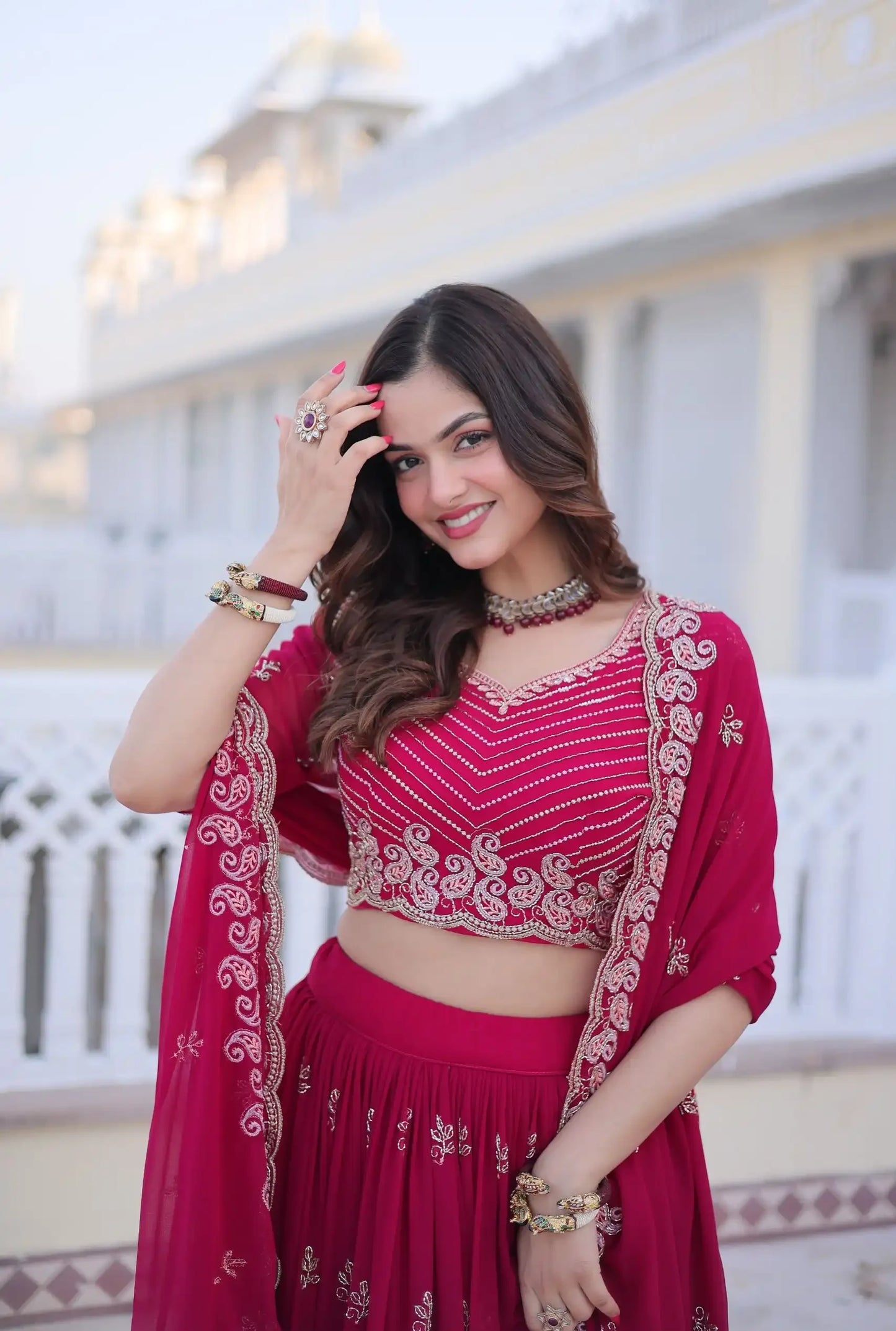 Stunning Pink Faux Blooming Embroidered Lehenga Choli