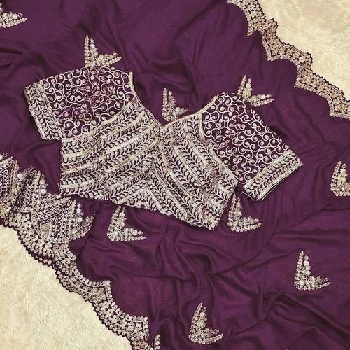 Fabulous Wine Silk Saree With Sequins Work On Blouse