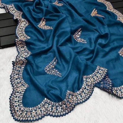 Teal Blue Silk Saree With Sequins Work On Blouse