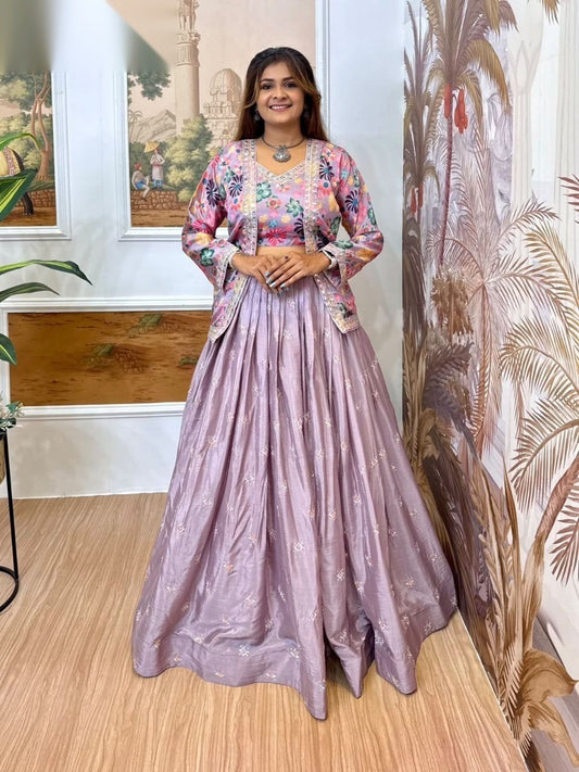 Lavender Pure Chinon Lehenga Choli Set with Embroidered Koti