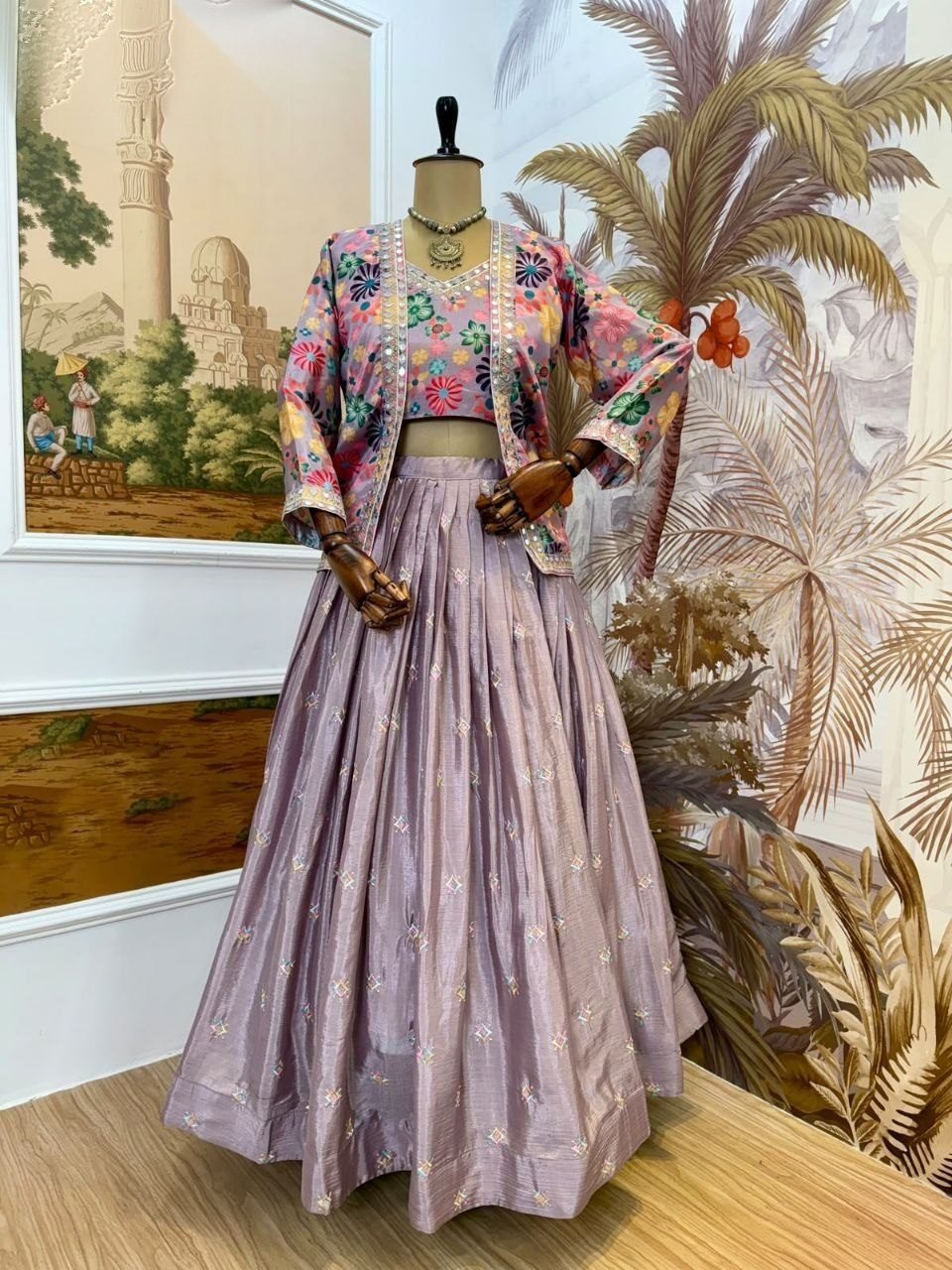 Lavender Pure Chinon Lehenga Choli Set with Embroidered Koti