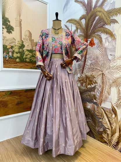 Lavender Pure Chinon Lehenga Choli Set with Embroidered Koti