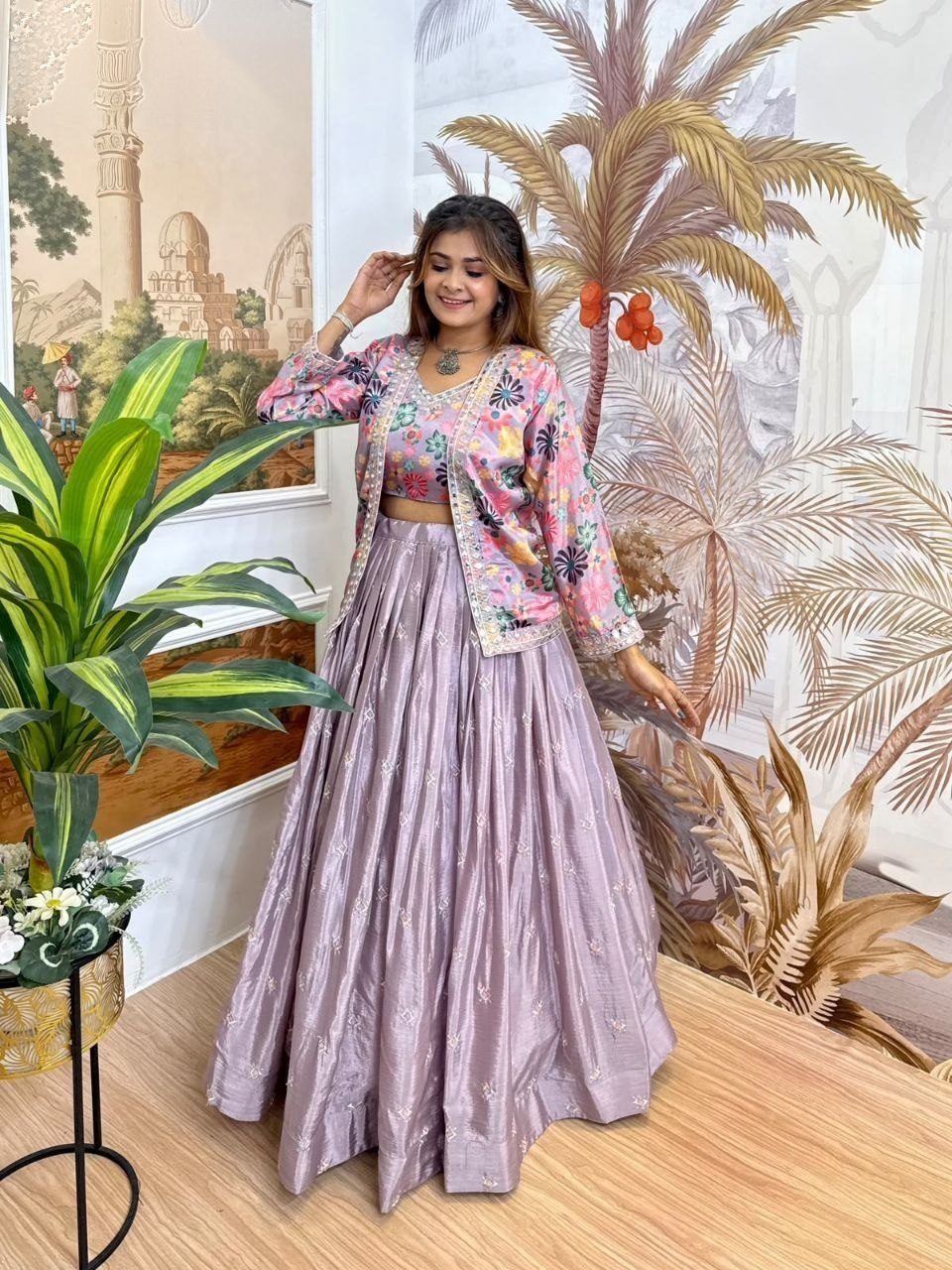 Lavender Pure Chinon Lehenga Choli Set with Embroidered Koti