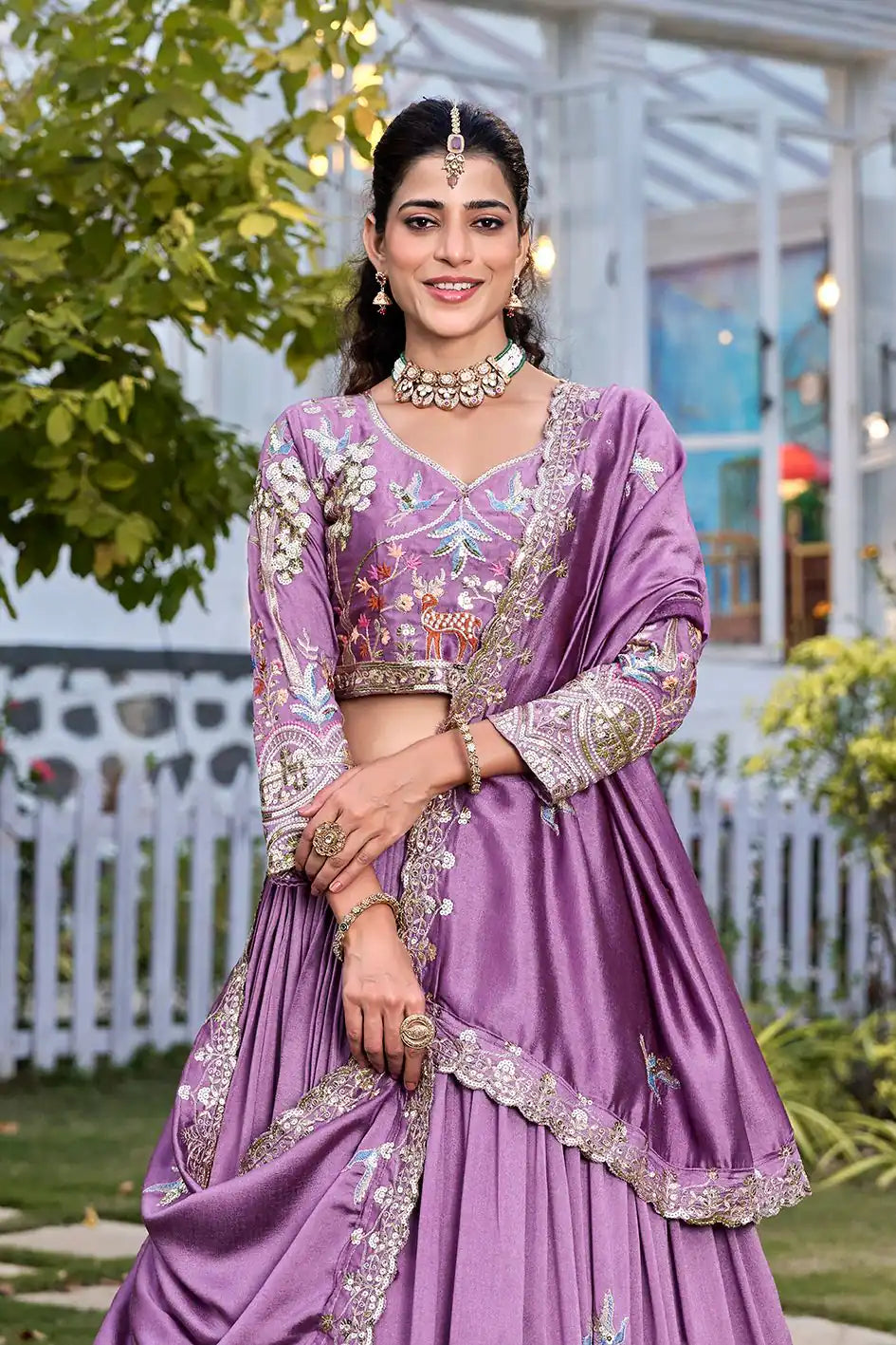 Classy Lavender Vichitra Silk Embroidered Lehenga Choli