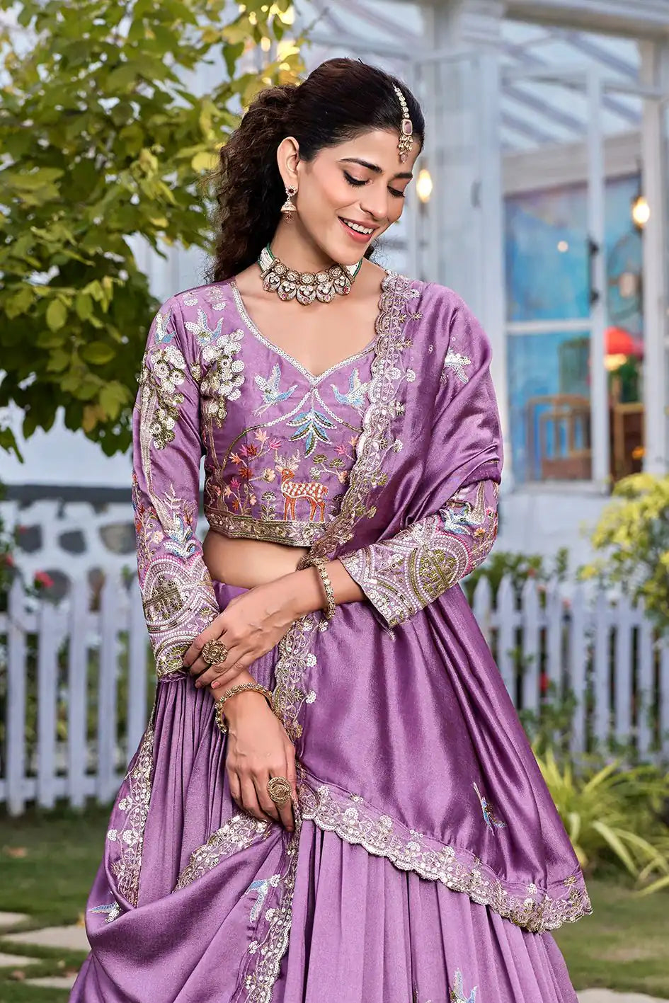 Classy Lavender Vichitra Silk Embroidered Lehenga Choli