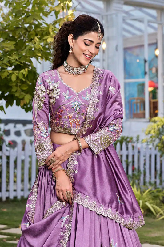 Classy Lavender Vichitra Silk Embroidered Lehenga Choli