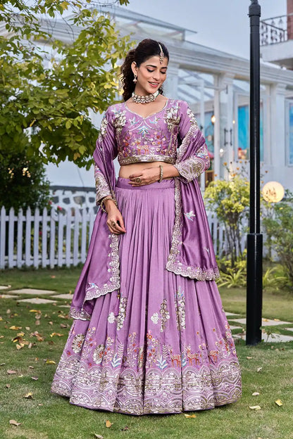 Classy Lavender Vichitra Silk Embroidered Lehenga Choli