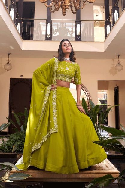 Stunning Mehendi Embroidered Lehenga Choli With Sequins Work