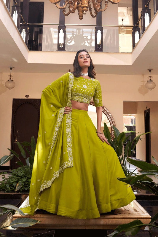 Stunning Mehendi Embroidered Lehenga Choli With Sequins Work