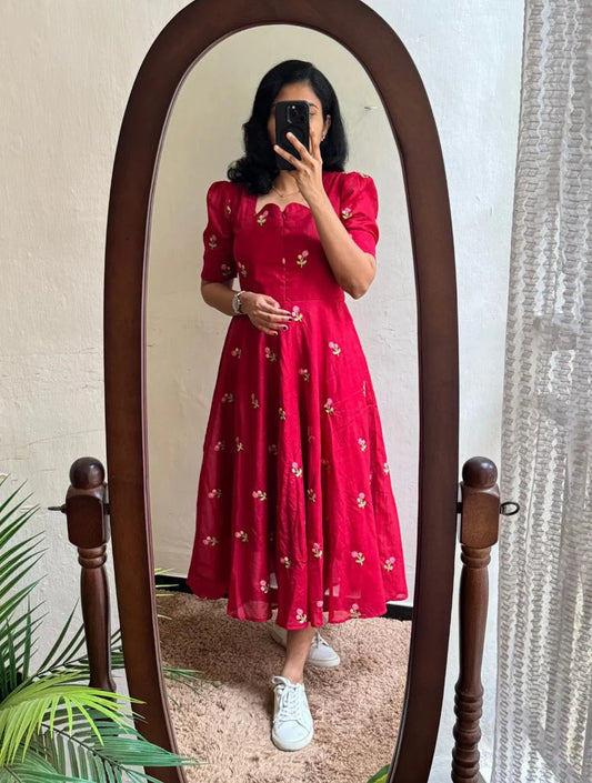 Red Chanderi Cotton Frock With Full Lining