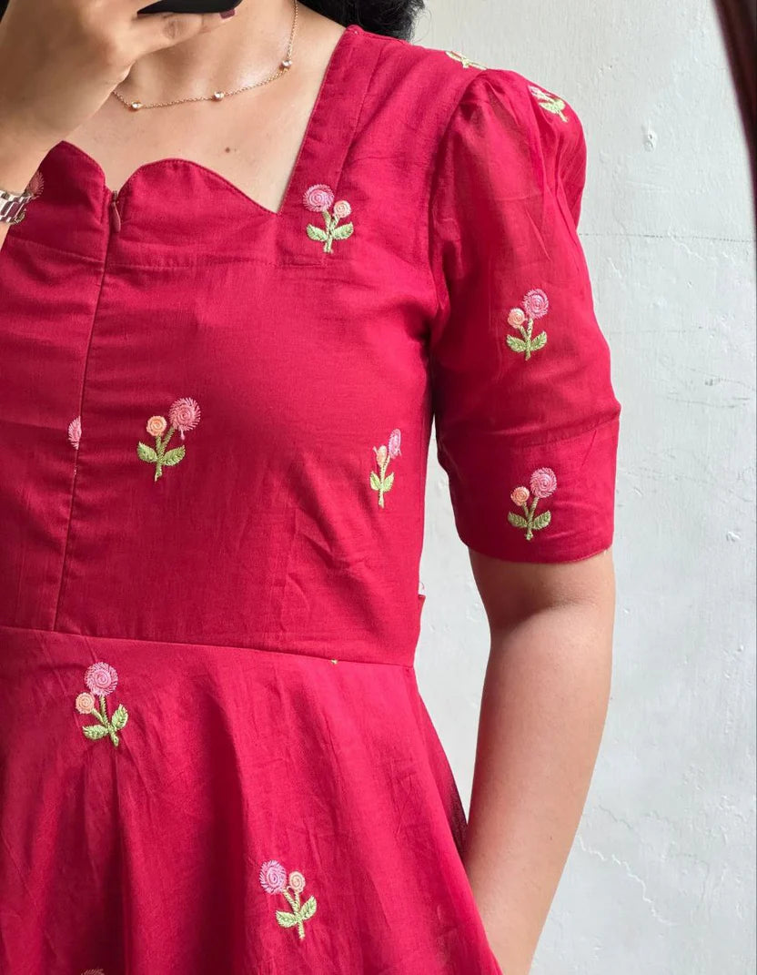 Red Chanderi Cotton Frock With Full Lining