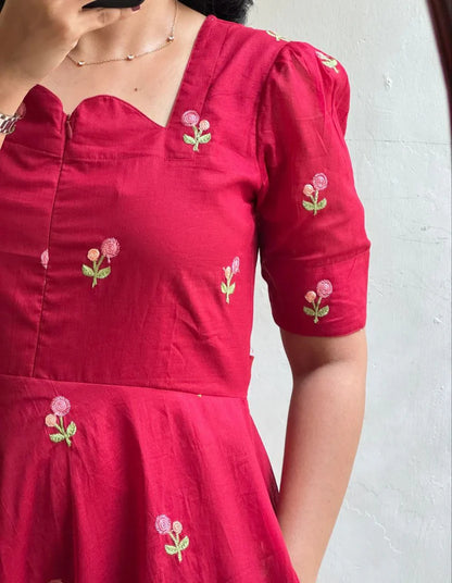 Red Chanderi Cotton Frock With Full Lining