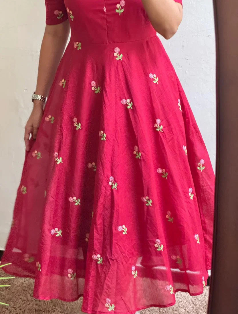 Red Chanderi Cotton Frock With Full Lining