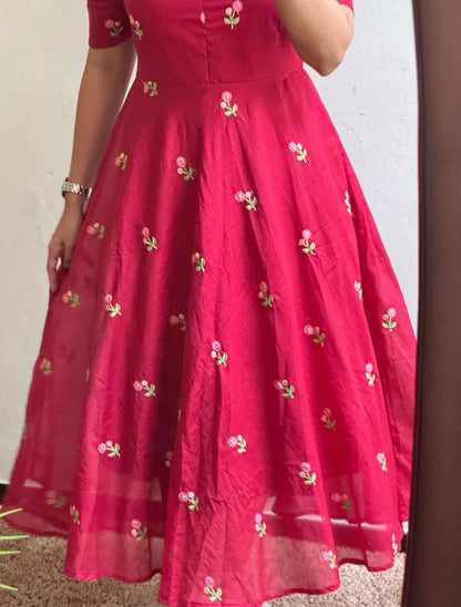 Red Chanderi Cotton Frock With Full Lining