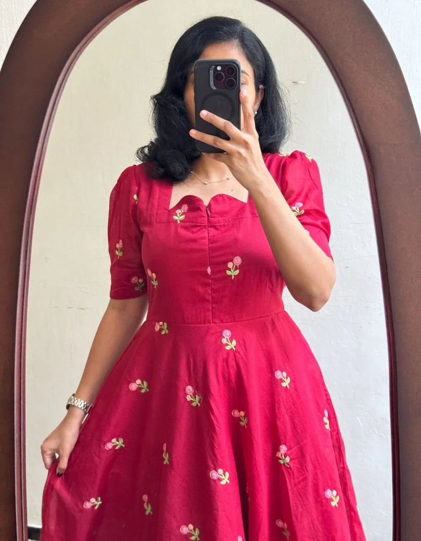 Red Chanderi Cotton Frock With Full Lining