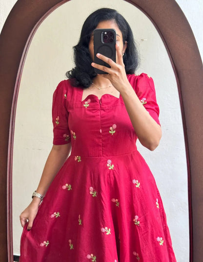 Red Chanderi Cotton Frock With Full Lining