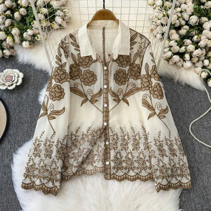 Trendy Embroidered Cotton Shirt With Bell Sleeves