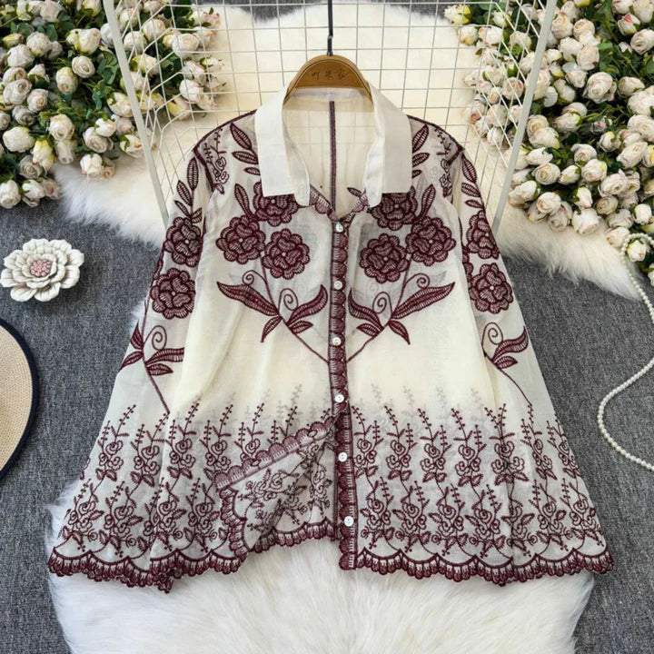 Trendy Embroidered Cotton Shirt With Bell Sleeves