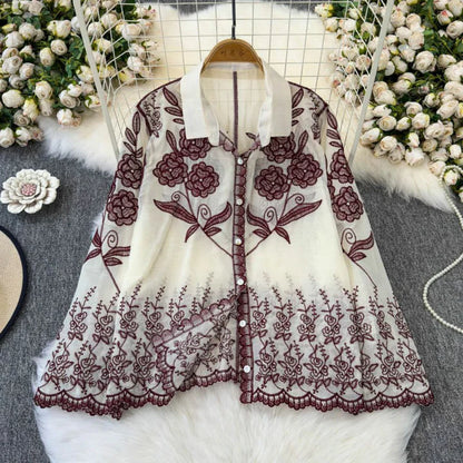 Trendy Embroidered Cotton Shirt With Bell Sleeves