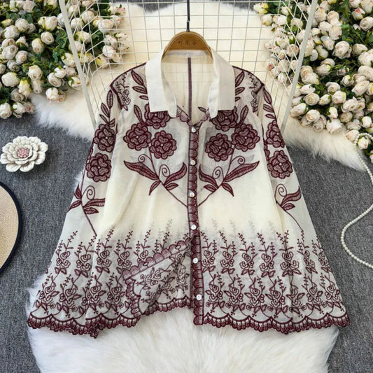 Trendy Embroidered Cotton Shirt With Bell Sleeves