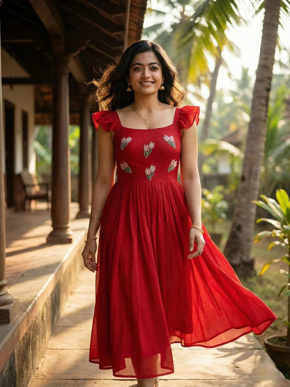 Classy Red Vichitra Silk Gown With Beads And Kardana Handwork