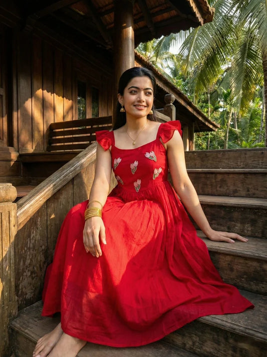 Classy Red Vichitra Silk Gown With Beads And Kardana Handwork