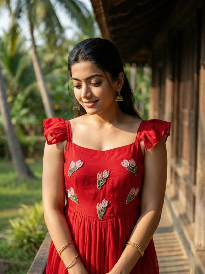 Classy Red Vichitra Silk Gown With Beads And Kardana Handwork