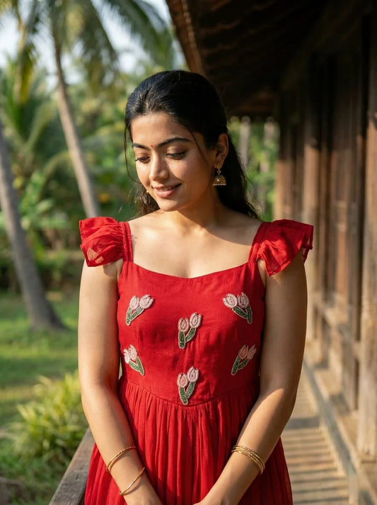Classy Red Vichitra Silk Gown With Beads And Kardana Handwork
