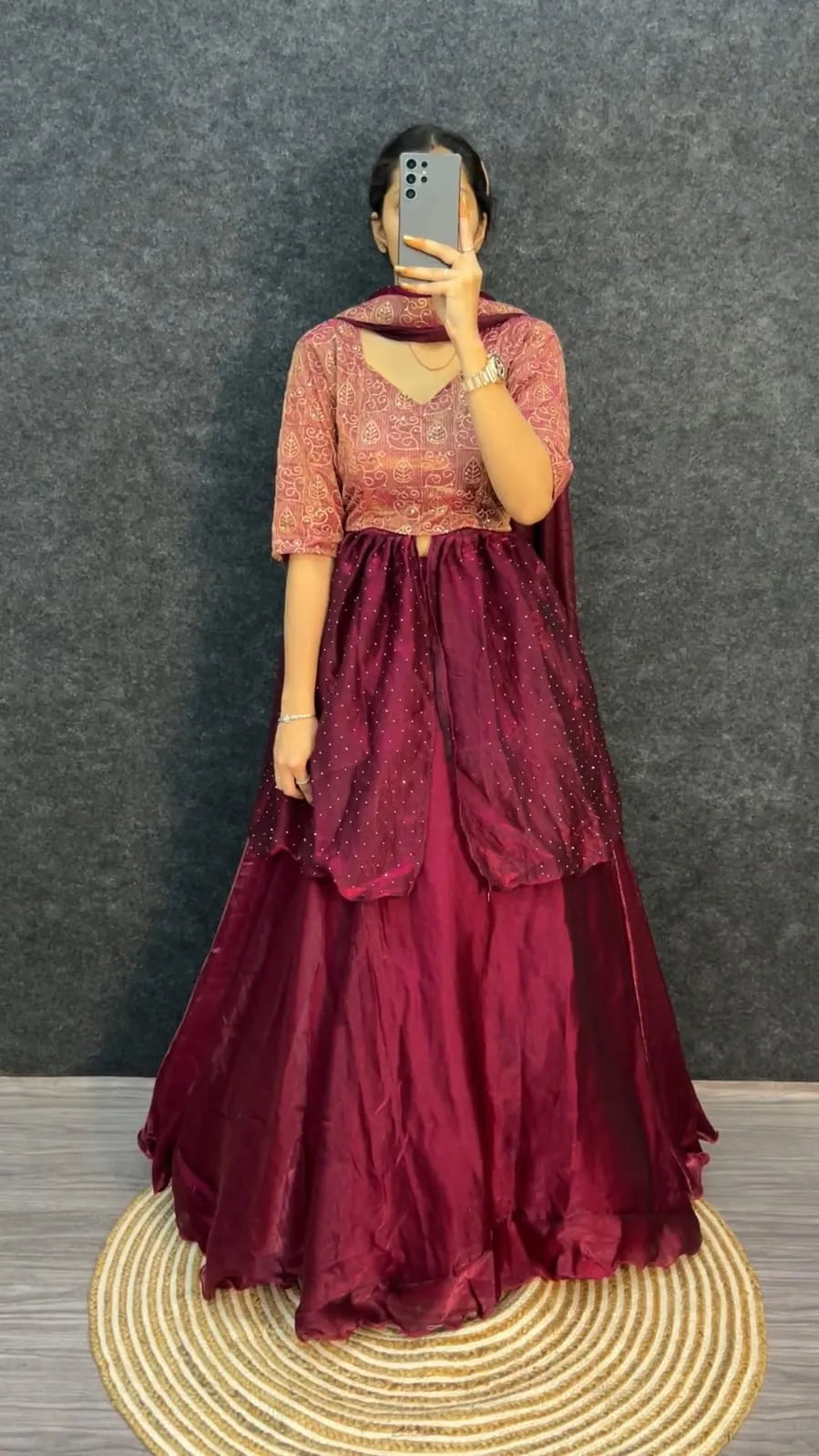 Wine Space Silk 4-In-1 Lehenga With Thread &amp; Sequins Work