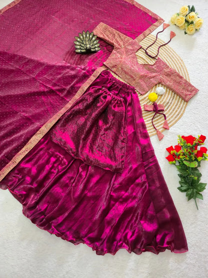 Wine Space Silk 4-In-1 Lehenga With Thread &amp; Sequins Work