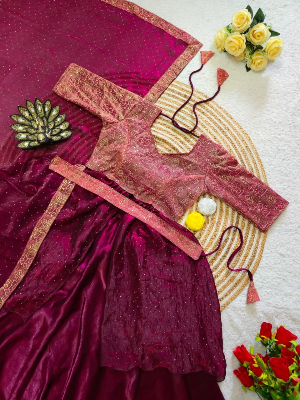 Wine Space Silk 4-In-1 Lehenga With Thread &amp; Sequins Work