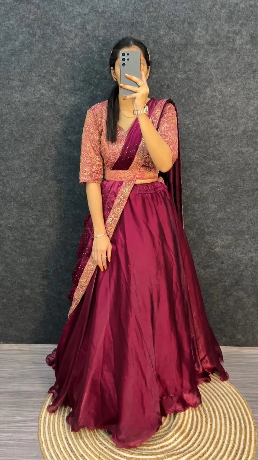 Wine Space Silk 4-In-1 Lehenga With Thread &amp; Sequins Work