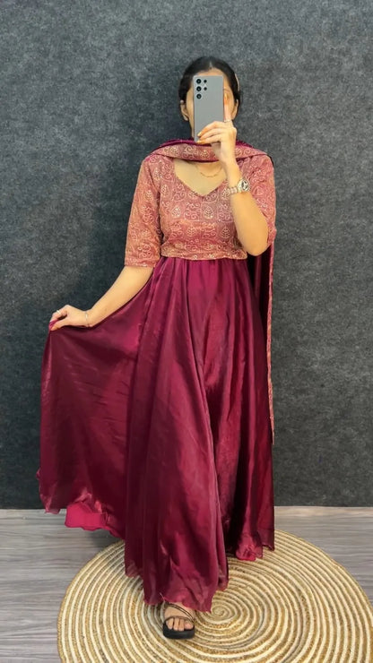 Wine Space Silk 4-In-1 Lehenga With Thread &amp; Sequins Work