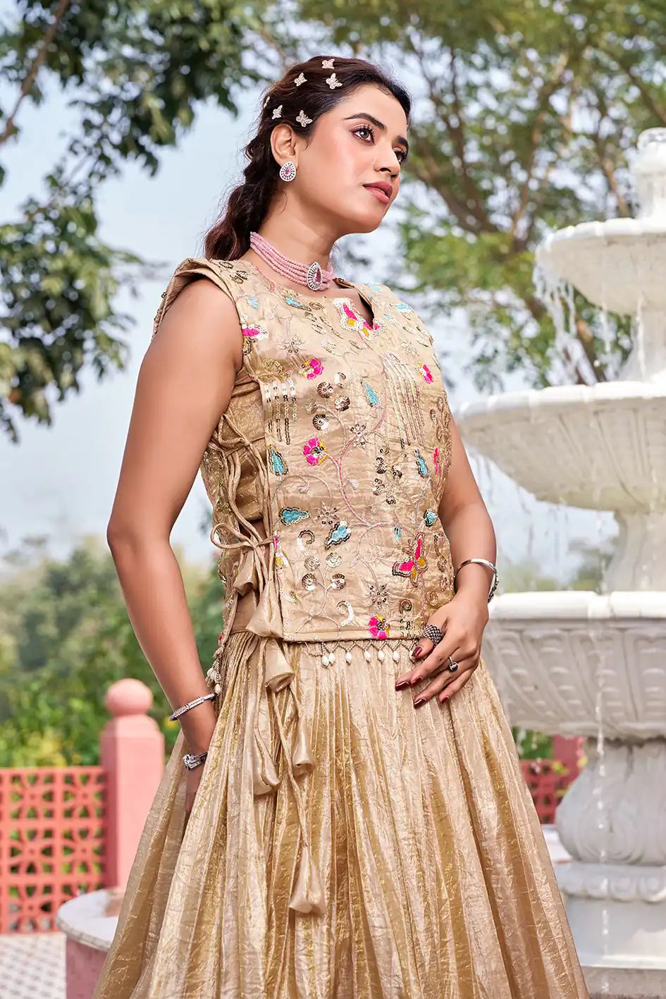 Classy Creamy Gold Crush Lehenga Choli With Embroidery Work