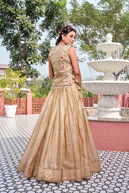 Classy Creamy Gold Crush Lehenga Choli With Embroidery Work
