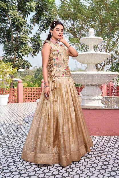 Classy Creamy Gold Crush Lehenga Choli With Embroidery Work