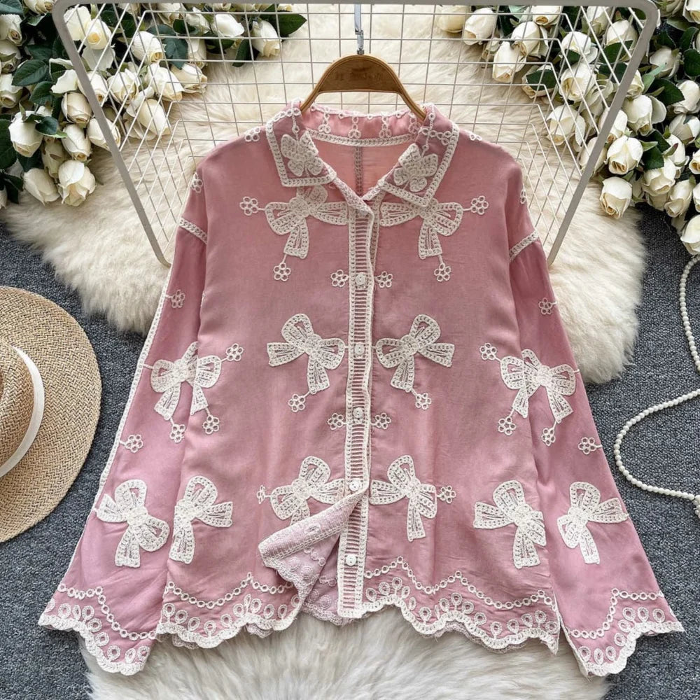 Trendy Pink Embroidered Cotton Shirt With Bell Sleeves
