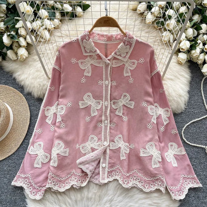 Trendy Pink Embroidered Cotton Shirt With Bell Sleeves