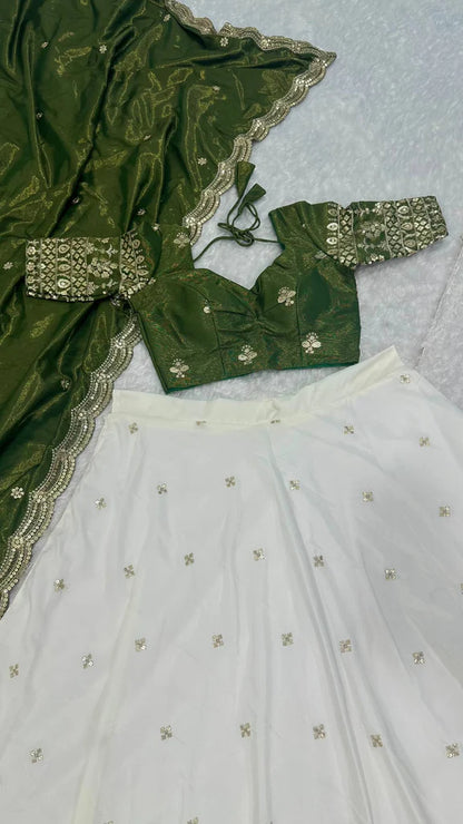 Stunning Mehendi Green Crepe Silk Lehenga With Sequins Work