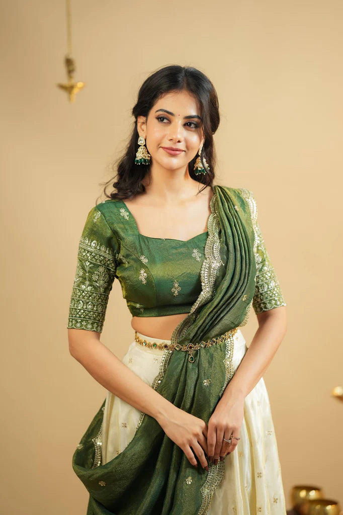 Stunning Mehendi Green Crepe Silk Lehenga With Sequins Work