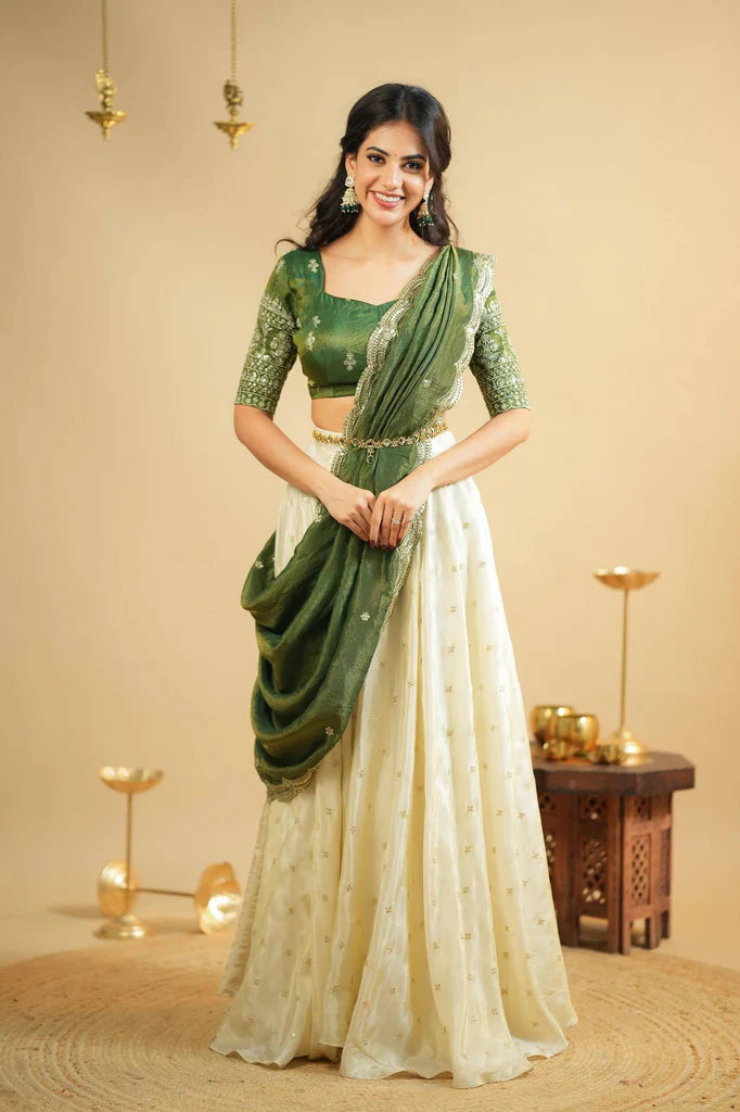 Stunning Mehendi Green Crepe Silk Lehenga With Sequins Work