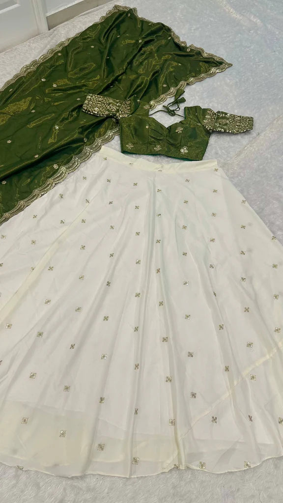Stunning Mehendi Green Crepe Silk Lehenga With Sequins Work