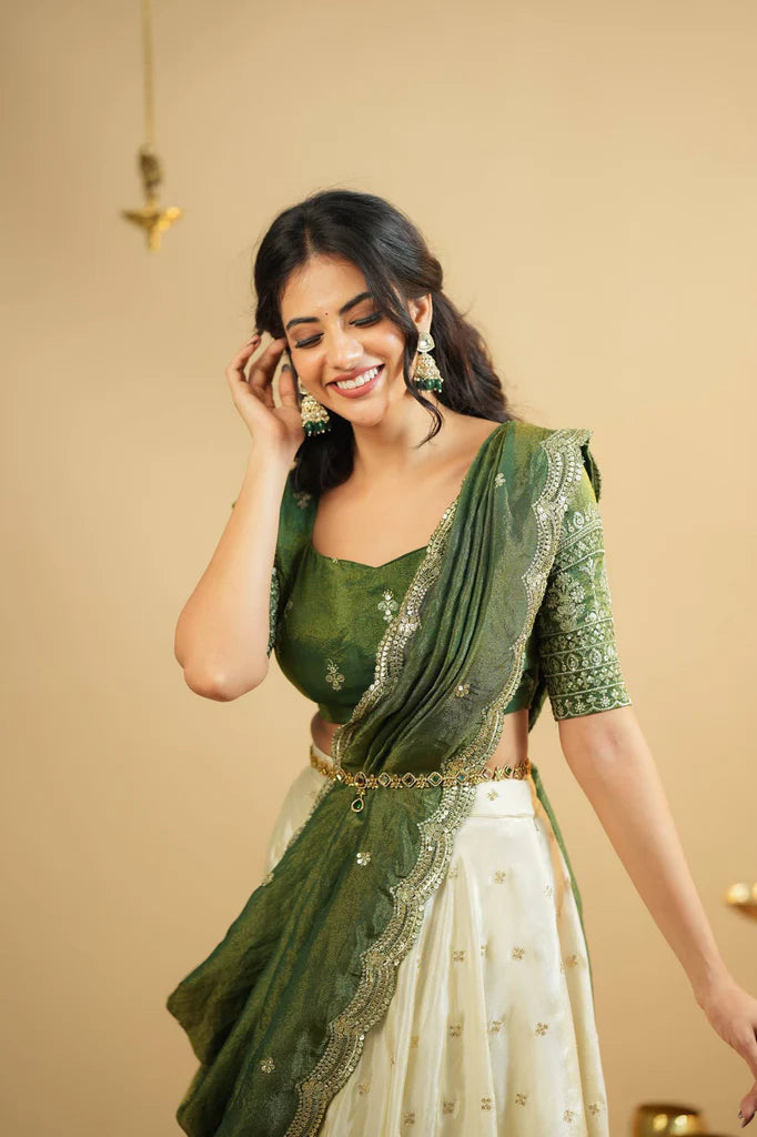 Stunning Mehendi Green Crepe Silk Lehenga With Sequins Work