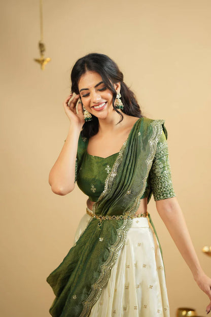 Stunning Mehendi Green Crepe Silk Lehenga With Sequins Work