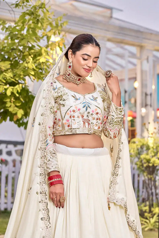 Trendy White Vichitra Silk Lehenga Choli With Thread Work